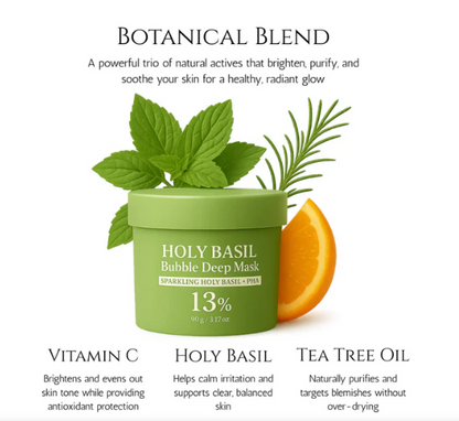 Holy Basil Bubble Deep Mask – Holy Basil & Carbonated Water for Cleansing Pores & Blackheads, Korean Clay to Bubble Wash-Off Pack (90g / 3.17 oz)